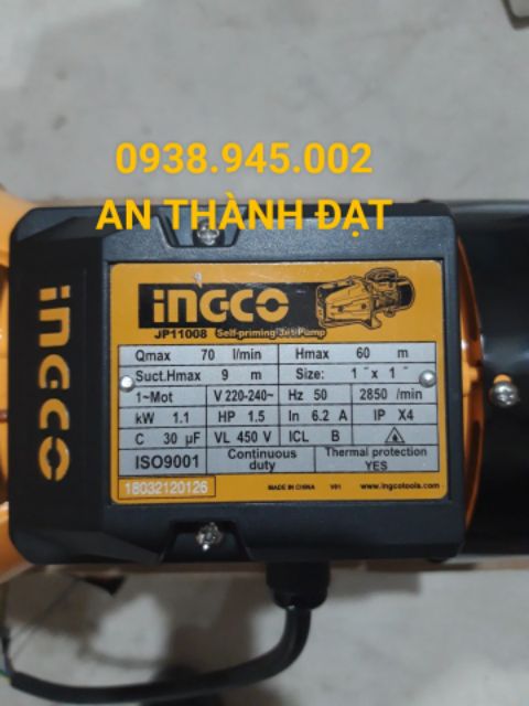 MÔTƠ BƠM NƯỚC INGCO 1.5HP ĐẦU JET MODEL: JP11008