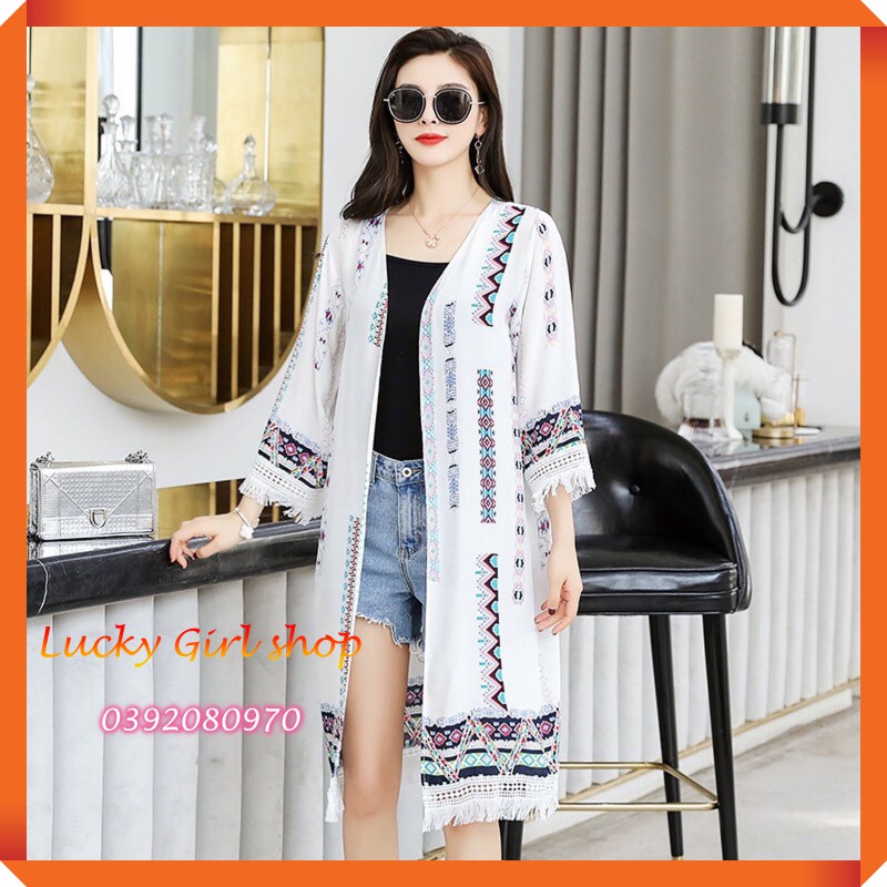 Áo Khoác Cardigan Vải Lanh Mềm Mịn Dáng Dài Hoạ Tiết Hình Học Phong Cách Bohemian - Lucky Girl shop