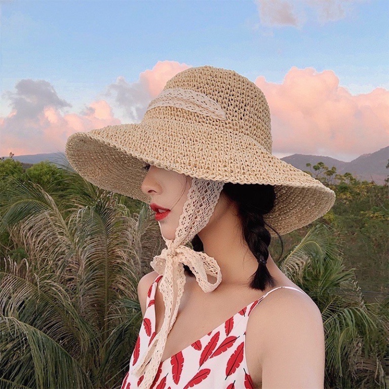 Mũ Cói Đi Biển vành rộng chống nắng vintage LUHAZO Tiểu Thư Mẫu Mới thắt nơ Quảng Châu K3t5
