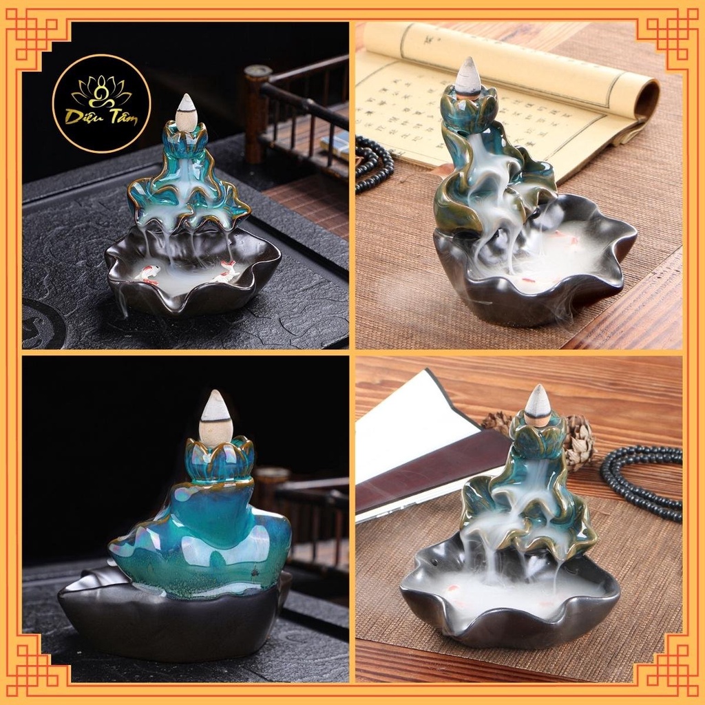 Thác khói trầm hương bằng gốm tặng 5 nụ trầm khói ngược xông trầm, thác khói non bộ tiểu cảnh trang trí