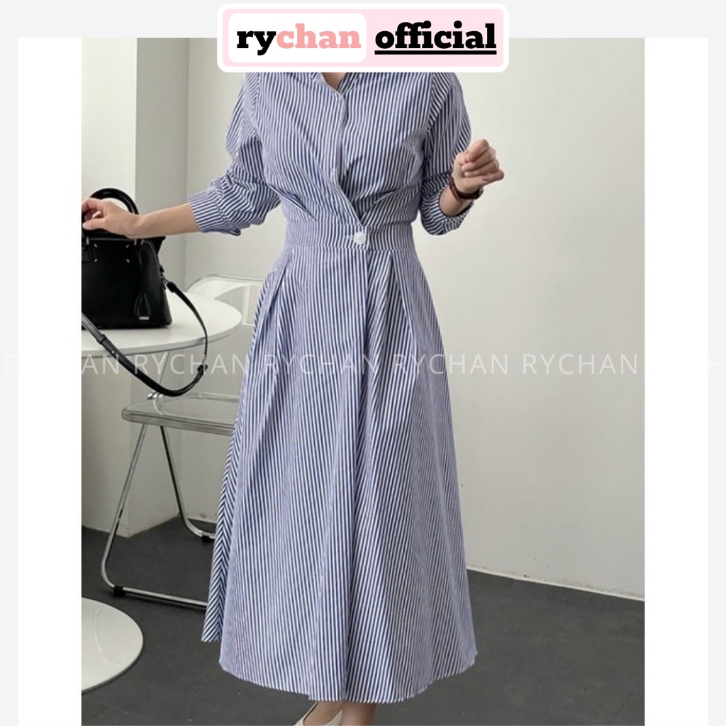 Đầm Nữ Công Sở Sọc Xanh Tay Dài Cổ Sơ Mi Nút Eo Cực Thanh Lịch - DX9801