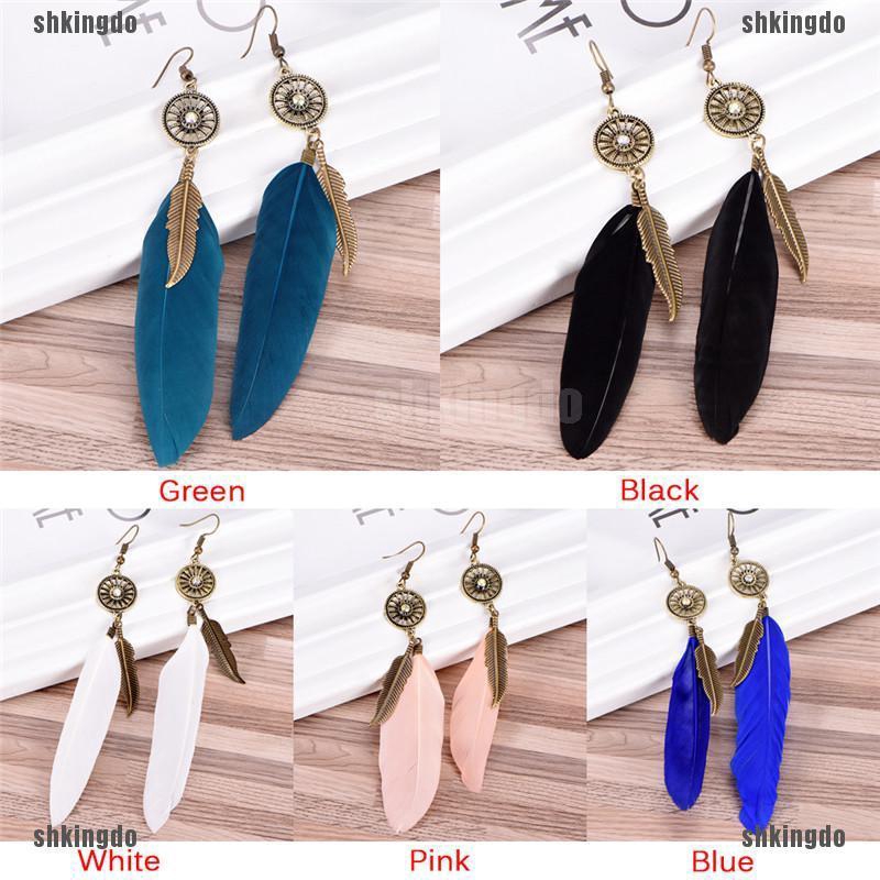 Cặp khuyên tai kiểu chấu móc mặt hình lông vũ tua rua cho nữ