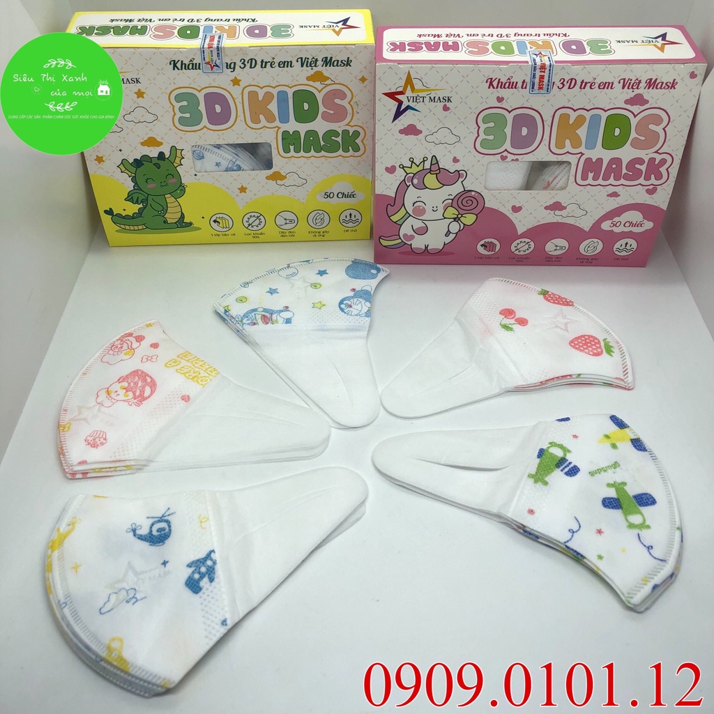 ( Hộp 50 cái) Khẩu trang em bé 3d Việt Mask chính hãng, khẩu trang 3d quai mềm cho bé từ 1 - 5 tuổi nhiều họa tiết