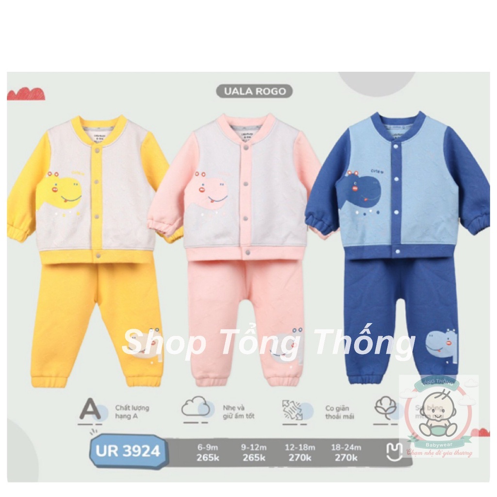 Bộ Uala Rogo Cotton cúc giữa hà mã viền tay màu dài tay cao cấp thấm hút tốt cho bé trai bé gái 3924