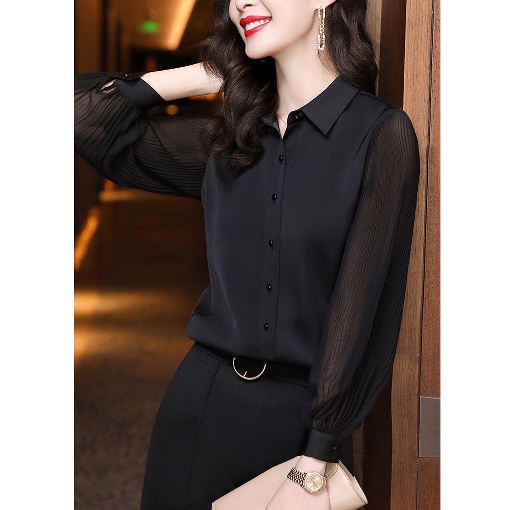 Áosơ mi tay dài màu đen phong cách phương tây thời trang xuân thu cho nữ 2021