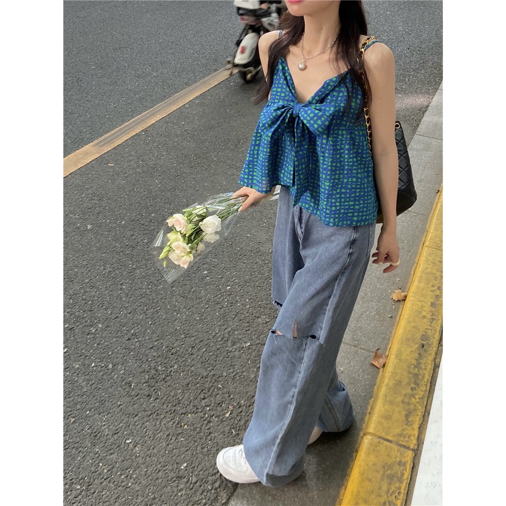 Áo kiểu hai dây nơ họa tiết kẻ ô Pupa Top style Hàn Quốc