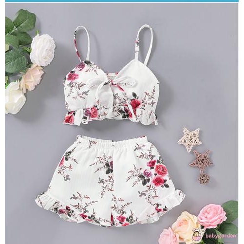 Bộ áo croptop hoạ tiết hoa + quần đùi cho bé gái