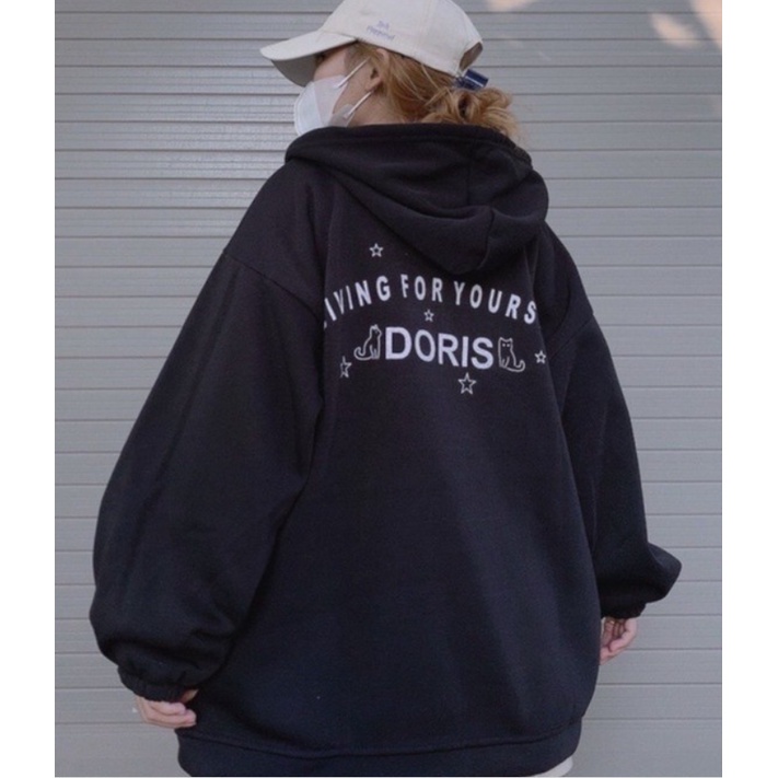 Áo Khoác Hoodie Nam Nữ Form Rộng Dây Kéo Hình Mèo Doris Tay Bồng Unisex