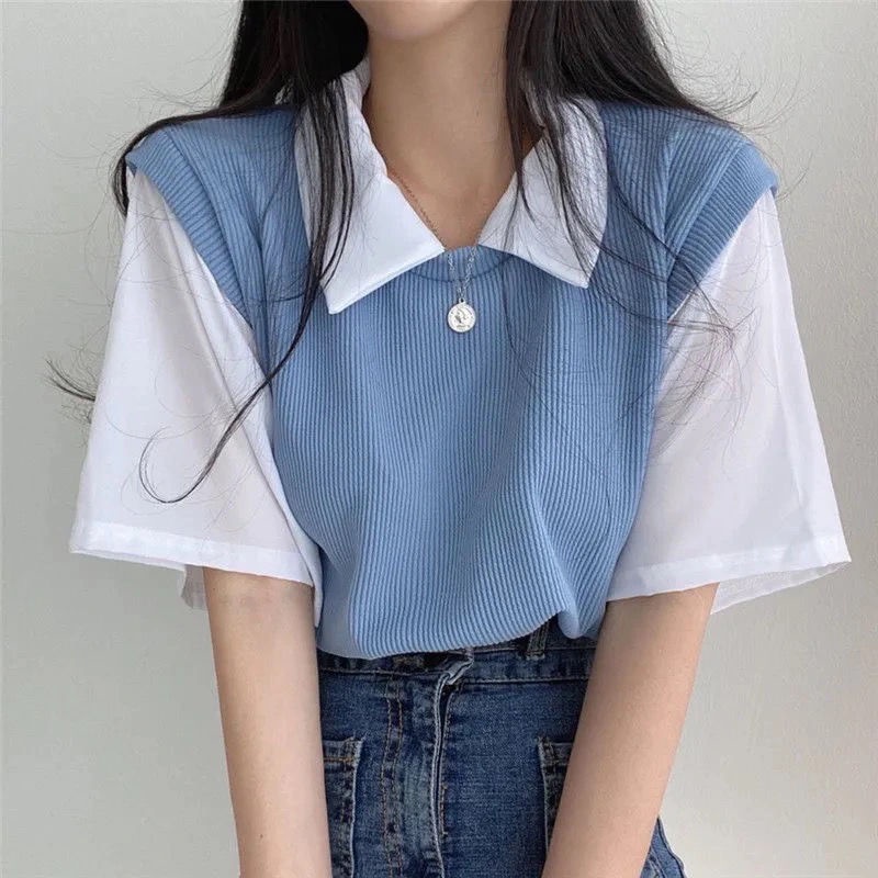 Áo Thun POLO Giả Hai Lớp Tay Ngắn Dáng Rộng Màu Sắc Tương Phản Thời Trang Mùa Hè 202