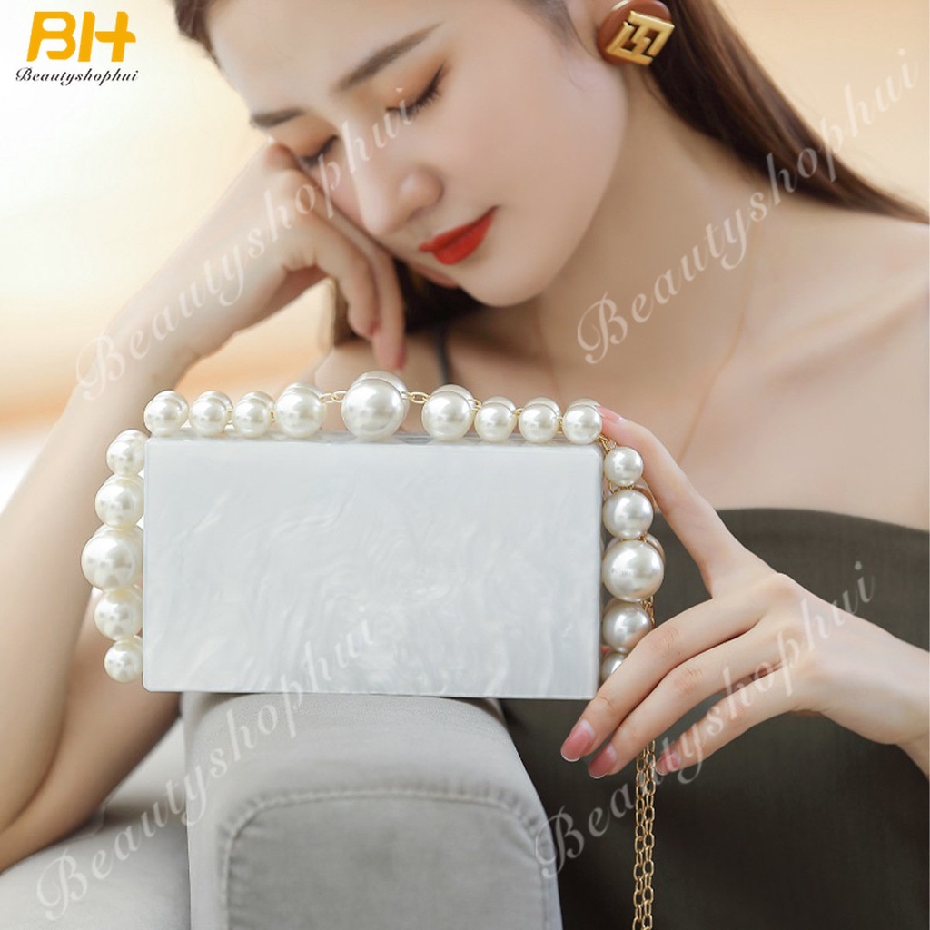 Túi Xách Đeo Vai Hình Vuông Cỡ Nhỏ Đính Ngọc Trai Giả Bằng Acrylic Màu Trắng Thời Trang Âu Mỹ 2022