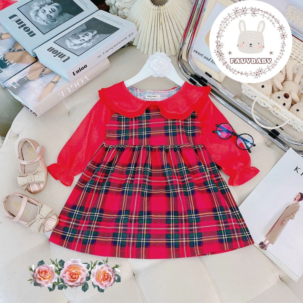 Váy Đầm Bé Gái MINKY MOM Chính Hãng COTTON Tay Dài Phối Cổ Lá Sen Đáng Yêu Hoa Văn Cute Bé 0 1 2 3 4 5 Tuổi - Favybaby