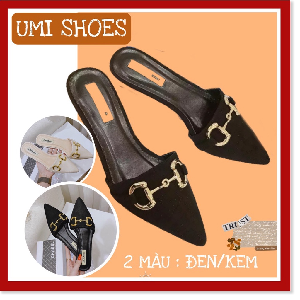 ★ ᗩᗰᗩᘔ𝗜ᑎ𝗚 𝗦𝗛𝗢𝗘𝗦 ★ Giày sục nữ mũi nhọn 2 màu đen/kem khóa xích hot trend sang chảnh nhẹ nhàng đi lê đế bệt mới xi