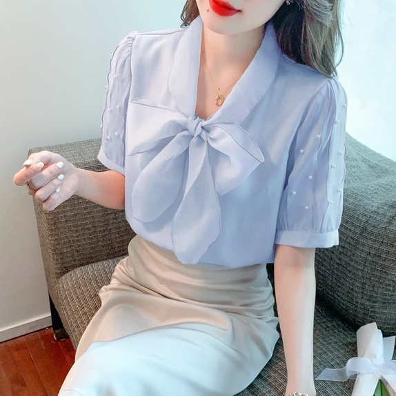 Áo Chiffon Nữ Tay Dài Phối Nơ Thời Trang