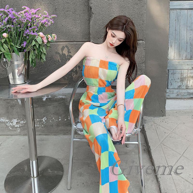 Bộ Trang Phục 2 Mảnh Gồm Áo Không Tay Họa Tiết Kẻ Sọc Ô Vuông Nhiều Màu Và Quần Ống Rộng Lưng Cao Co Giãn Cho Nữ