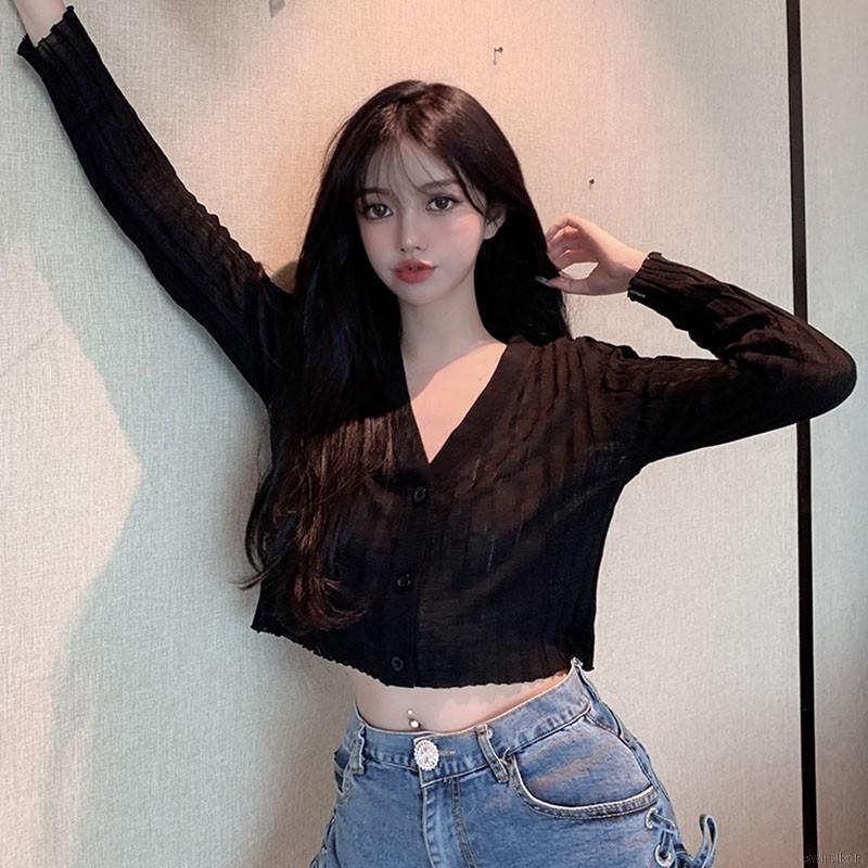 Áo Khoác Cardigan Áo Croptop Dệt Kim Tay Dài Cổ Chữ V Phối Nút Cho Phái Nữ Áo Nữ