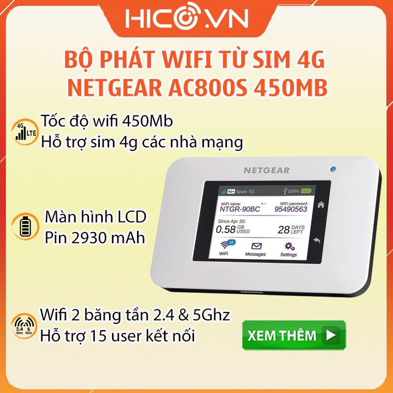 Bộ phát Wifi cầm tay từ sim 4G Netgear Aircard AC800S Cat9 tốc độ cao 450Mbps - Dung Lượng 2930mAh - Bản quốc tế