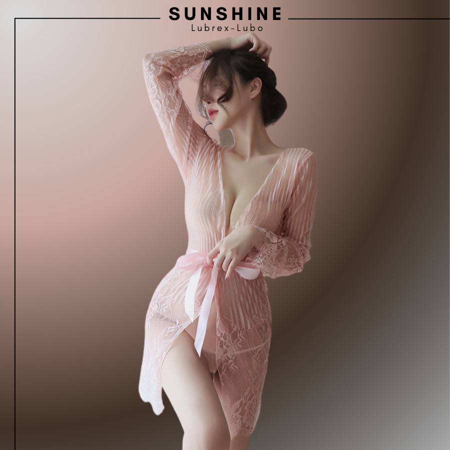 Áo choàng kimono Voan mỏng phối ren cao cấp kẻ sọc màu HỒNG SUNSHINE LUBREX-LUBO -SOC1066