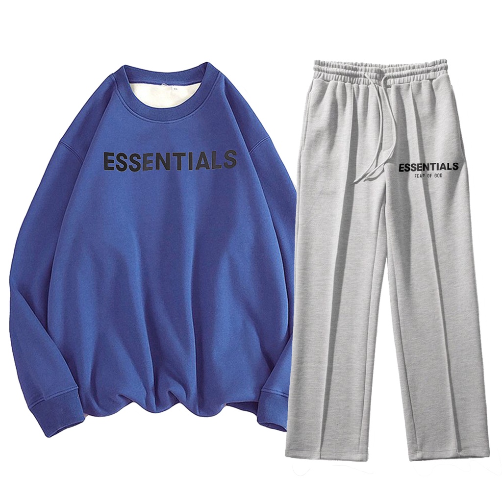 Set áo sweater nỉ bông quần gân Essentials ống suông basic, phong cách unisex dễ mặc dễ mix big size