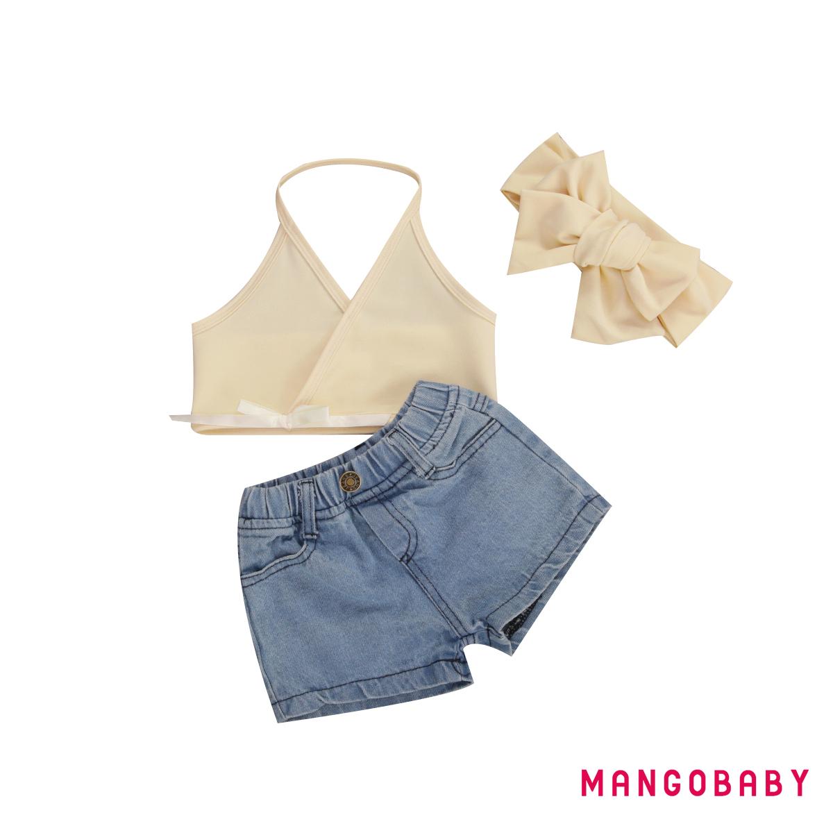 MG-3 Pcs Infant Solid Color Outfits, Toddler V-neck Halter Top Denim Shorts with Pockets Bow Headdress
