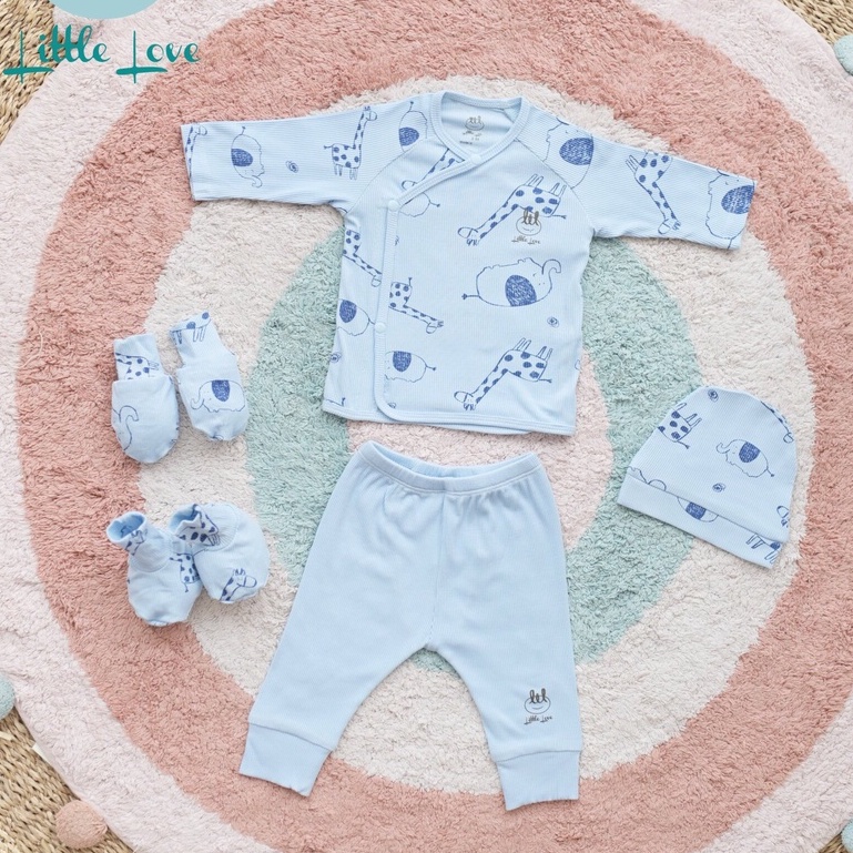 Bộ quần áo dài tay cài lệch chất vải tăm in tràn cho trẻ từ 0-6m little love (LDT83)