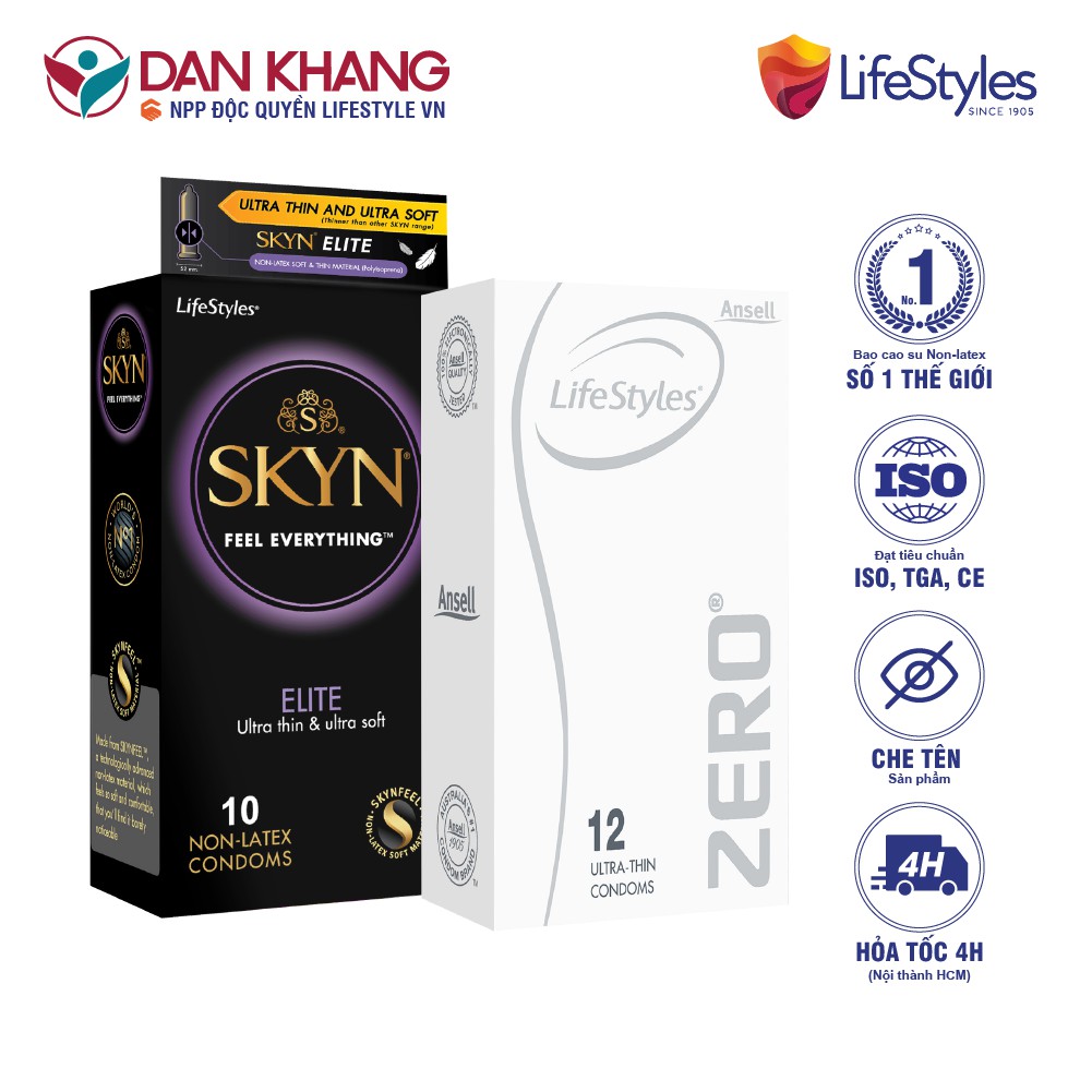 Combo 1 Hộp Bao Cao Su LifeStyles Zero 12 bao + 1 Hộp Bao Cao Su LifeStyles SKYN Elite Non-latex 10 bao