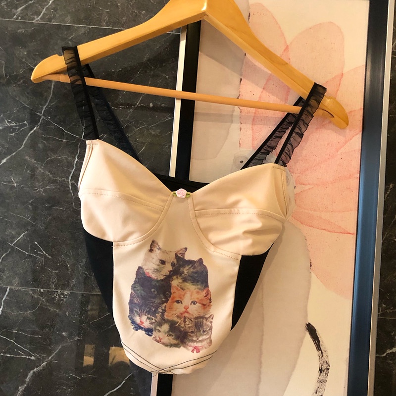 Áo Hai Dây In Hình Mèo Phong Cách Retro Quyến Rũ Thời Trang Mùa Hè