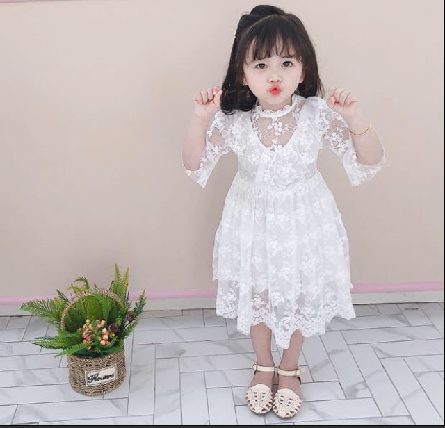 Váy đầm tiểu thư công chúa dáng dài maxi bé gái ren thêu siêu phẩm xinh xắn 16-30kg