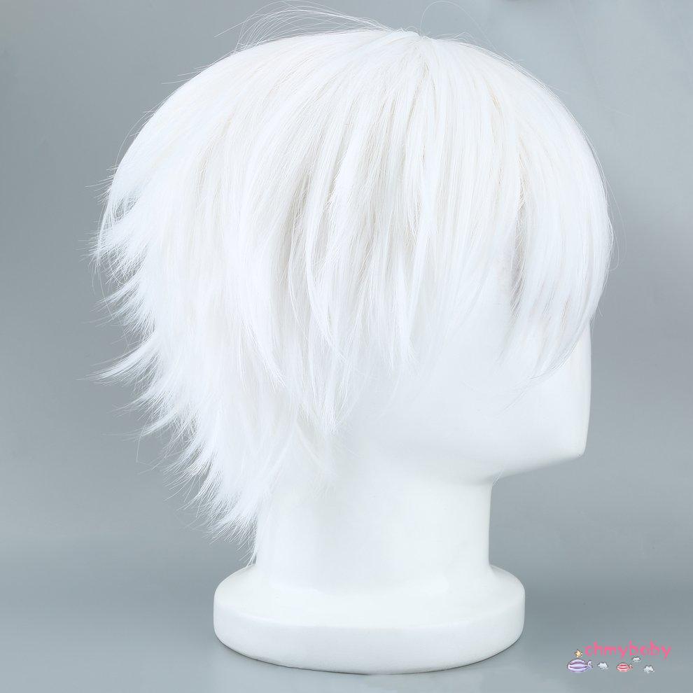 Tóc giả nam màu trắng để cosplay nhân vật anime thẳng tóc giả tổng hợp ngắn
