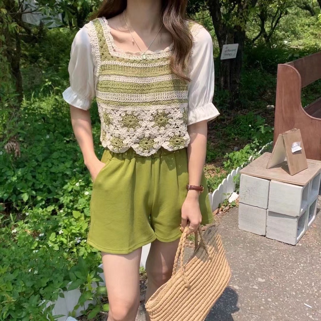 SUXI Áo Tay Ngắn Cổ Vuông Dáng Rộng Phong Cách Vintage Thời Trang Mùa Hè Cho Nữ