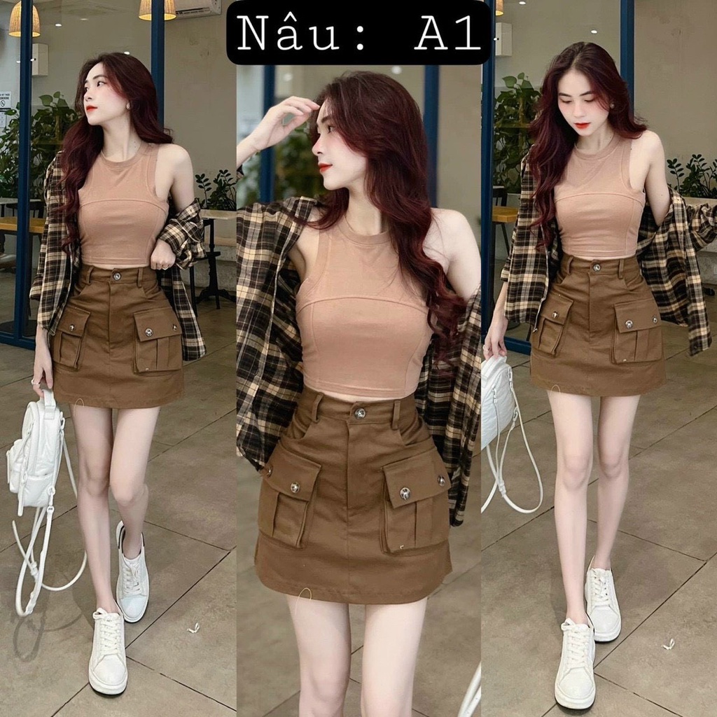 GKM_FREESHIP Sét váy nữ 3 món áo ba lỗ croptop mix chân váy chữ A cá tính phối kèm áo khoác phong cách thời trang trẻ DS