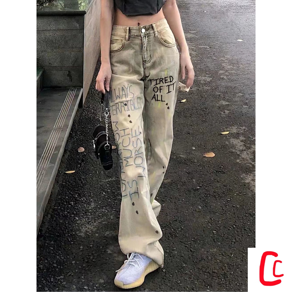 Quần Jean Dài Ống Rộng Thêu Chữ Graffiti Phong Cách Retro Đường Phố Mỹ