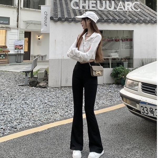 QKOOLE Quần dài  lưng cao dáng ôm ông loe thời trang Hàn Quốc cho nữ