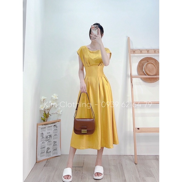 [Hàng sẵn - Hình thật] Đầm midi li eo tay hến tơ lụa nhũ