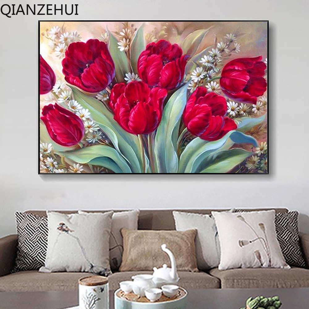 Bộ Tranh Đính Đá 5D Hạt Tròn Tự Làm Hình Hoa Tulip Trang Trí Nhà Cửa