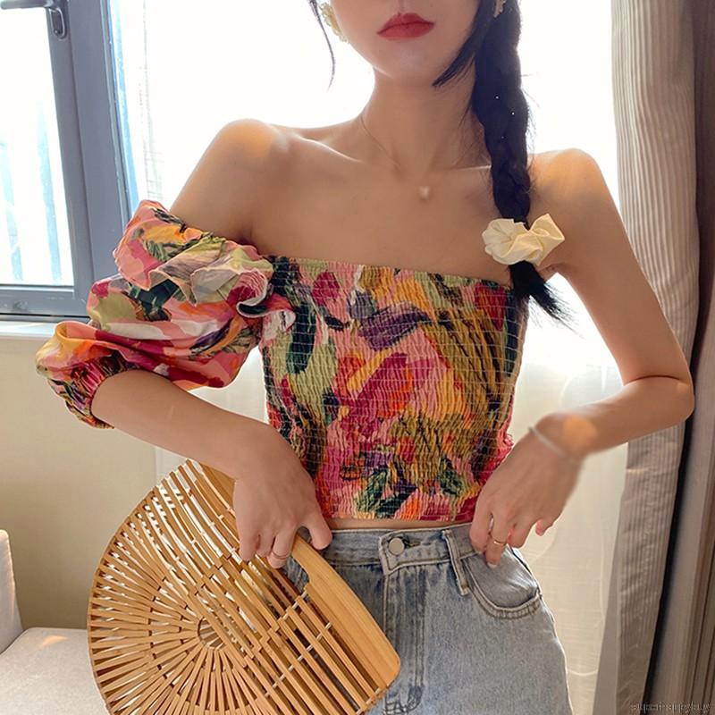 Women Floral Printed Ruffled Irregular Sexy Chiffon Blouse Tops