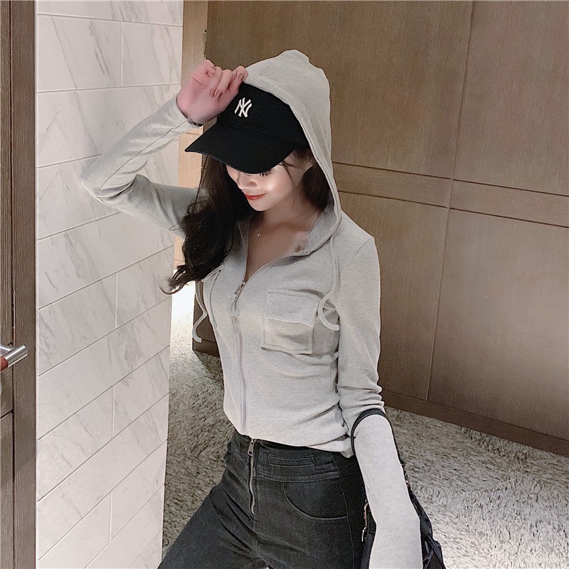 Áo khoác hoodie ngắn tay dài dáng ôm có mũ trùm đầu phong cách thời trang hàn quốc dành cho nữ