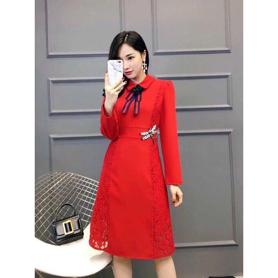 (Bỏ sỉ)Đầm xòe đỏ cổ sơ mi cài nơ phối ren kết hạt eo đính chuồn chuồn siêu hot MÃ 1P1903280