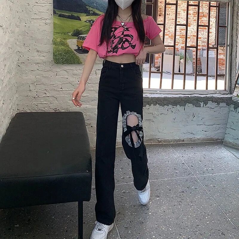 Quần jean dài ống rộng phối ren thiết kế mỏng thời trang hè phong cách Hàn Quốc cho nữ