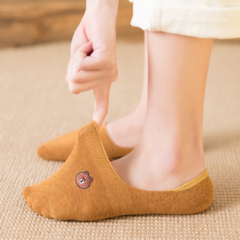 [SJ] Japanese bear embroidered heel silicone nonslip cotton women socks invisible socks