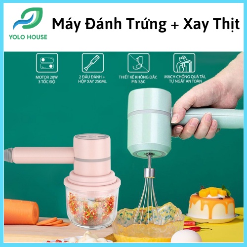 Máy Đánh Trứng Cầm Tay 3 trong 1 đa năng pin sạc mẫu mới 2021 - Máy xay thịt tỏi ớt hạt tiêu đánh bọt sữa cafe mini