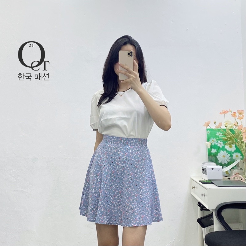 Chân váy chữ A hoa nhí xanh - dáng basic phong cách ulzzang Hàn Quốc