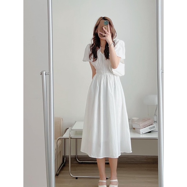 [Ảnh thật/Video]Váy Thô chun eo Mới về thiết kế cổ V dáng dài bo chun eo tôn dáng Đầm maxi Hàn Quốc đẹp nhẹ nhàng