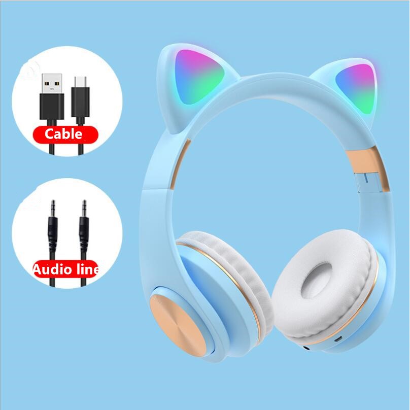 Tai nghe bluetooth không dây có tai mèo giắc cắm 3.5mm hỗ trợ thẻ TF SD âm thanh nổi có đèn led gập lại được