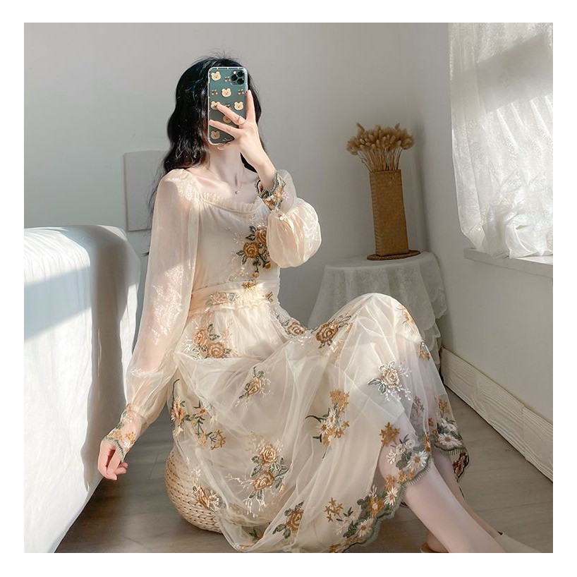 (Sẵn S) M16 - Đầm tiểu thư Ulzzang nhúng bèo thêu hoa phong cách cổ điển vintage có Bigsize