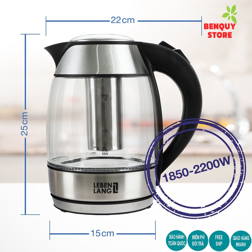 ẤM SIÊU TỐC 1.8 LÍT BÌNH SIÊU TỐC THỦY TINH LEBENLANG TỪ ĐỨC. BÌNH CÓ LÕI LỌC TRÀ BẰNG INOX.