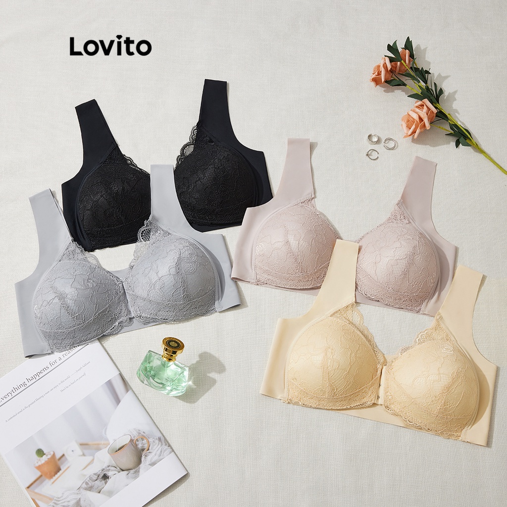 Áo ngực Lovito bigsize curve Plain Front Close Contrast 3/4 Coverage No Pads Lace Bra Casual L31ED031 (Đậu/Màu da/Đen/Xám bạc)