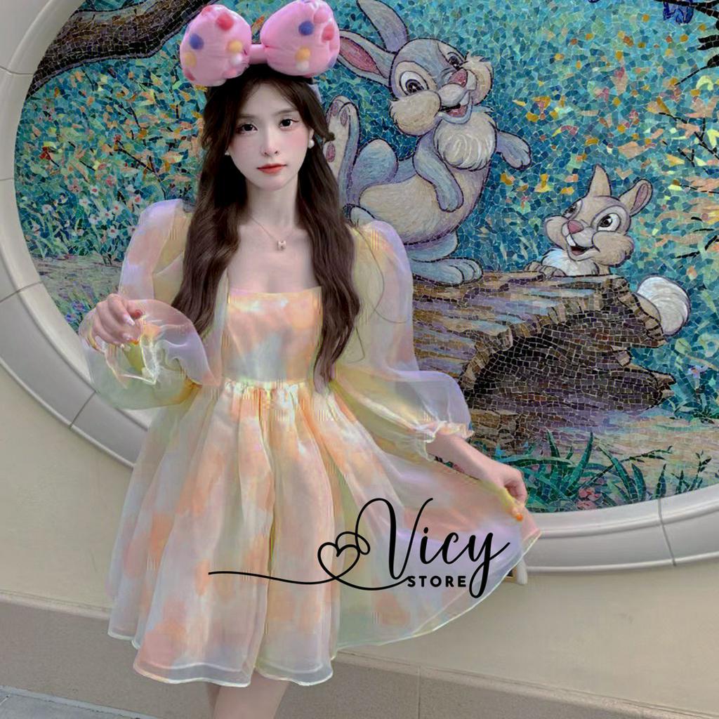 Đầm ngắn tay dài tiểu thư trễ vai có mút ngực, váy nữ thiết kế dễ thương đi tiệc đi chơi Vicy TIETDTV002