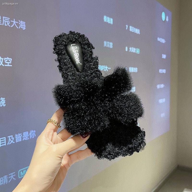 Dép quai ngang đế bằng phối lông cừu phong cách mùa đông cho nữ