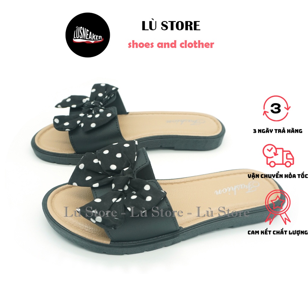 Dép nữ đế bệt phối nơ thời trang lụa 2 màu đen kem, size 36-39, Lù Store