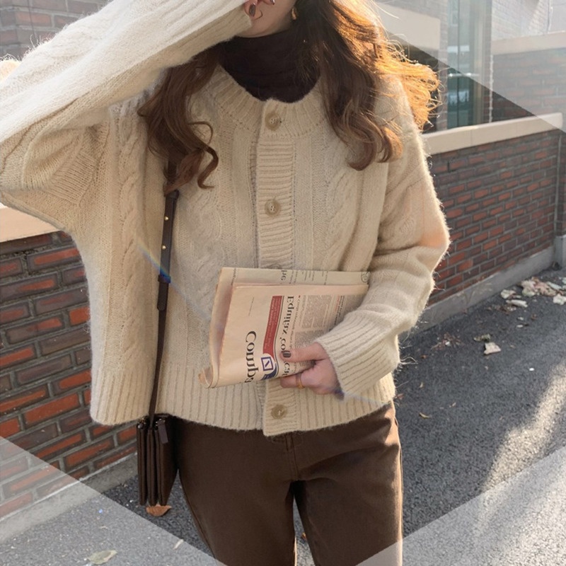 Áo khoác cardigan dệt kim tay dài dáng rộng phong cách retro thời trang cho nữ